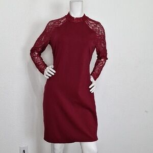 Belle Sky Burgundy Long Sleeve Lace Ponte Bodycon Romantic Coquette Dress Size L